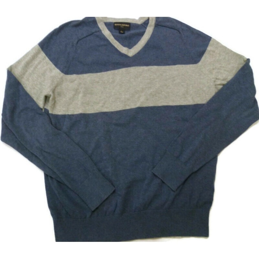 Banana Republic Sweater Mens Medium V-Neck Cotton‎ Striped Gray Blue Pullover